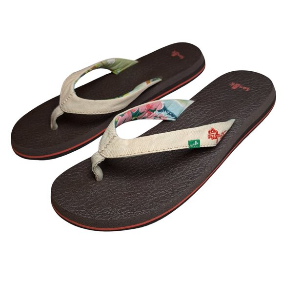 Sanuk Women’s 10 Yoga Paradise Palm Print Flip Flop Sandals Brown Canvas Strap - Picture 1 of 8